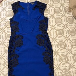 London Royal Blue Midi Sheath Dress with Black Lace and darting details